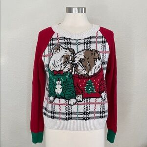 English Bulldog Christmas Sweater in Festive Cream and Red
